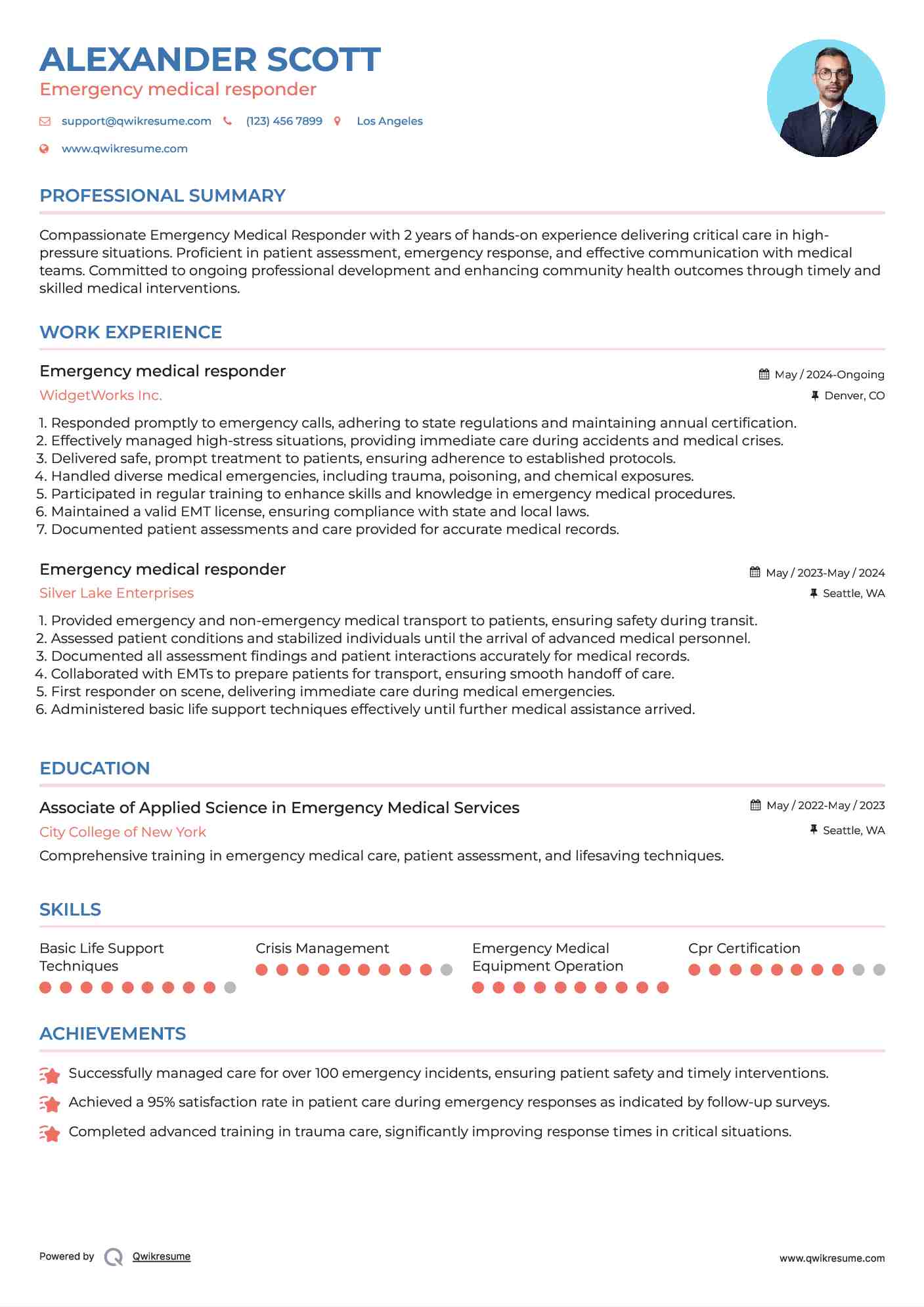 Emergency medical responder Resume Sample