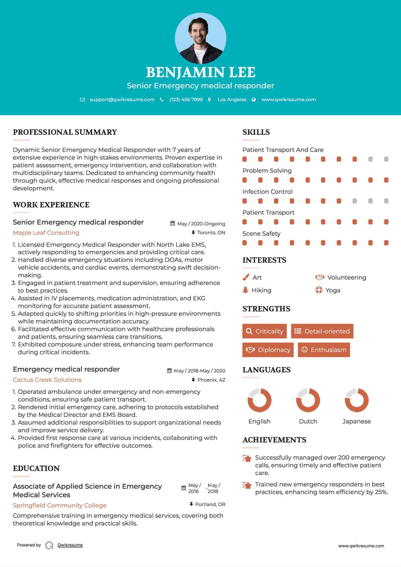 Senior Emergency medical responder Resume Model