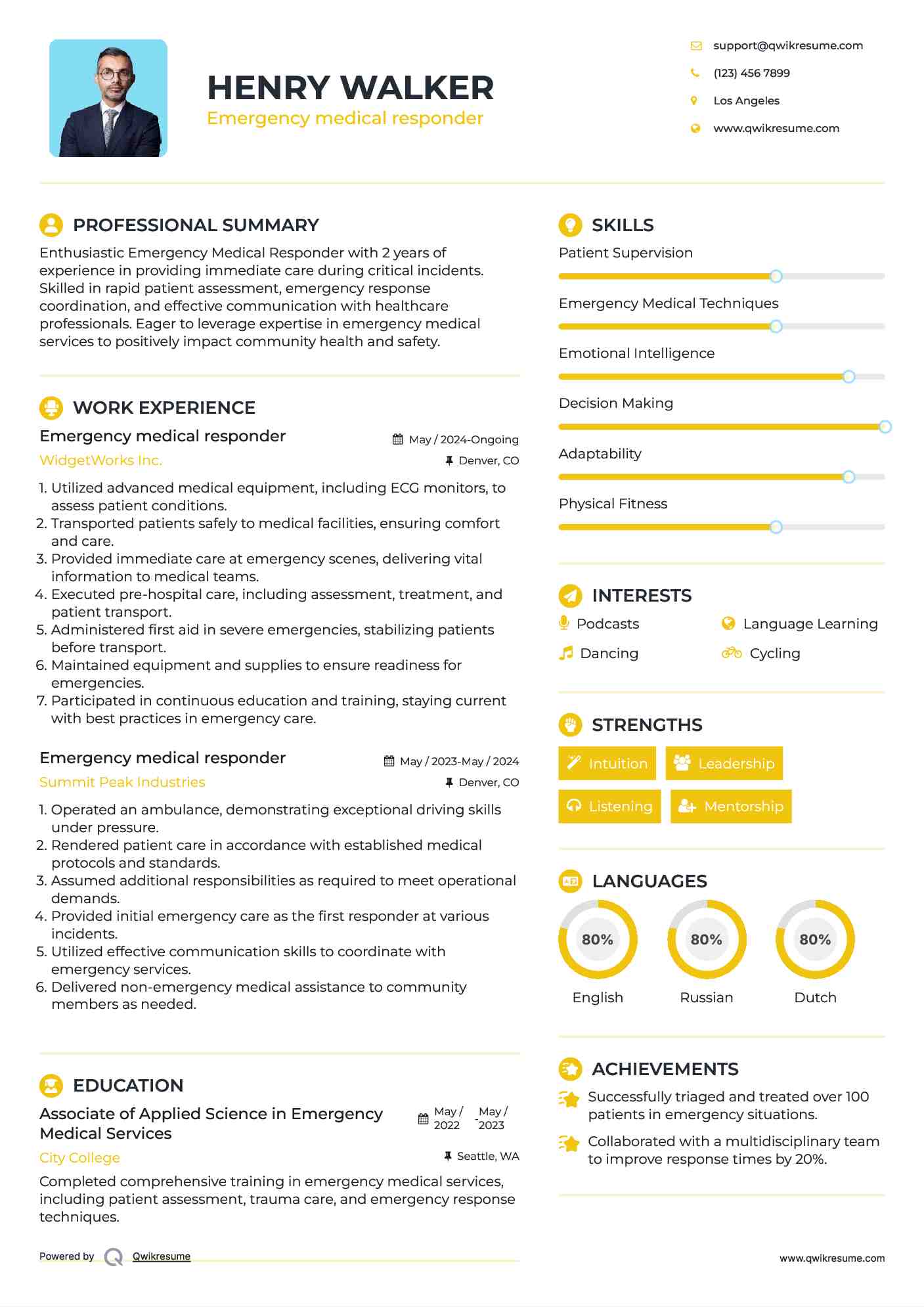 Emergency medical responder Resume Format
