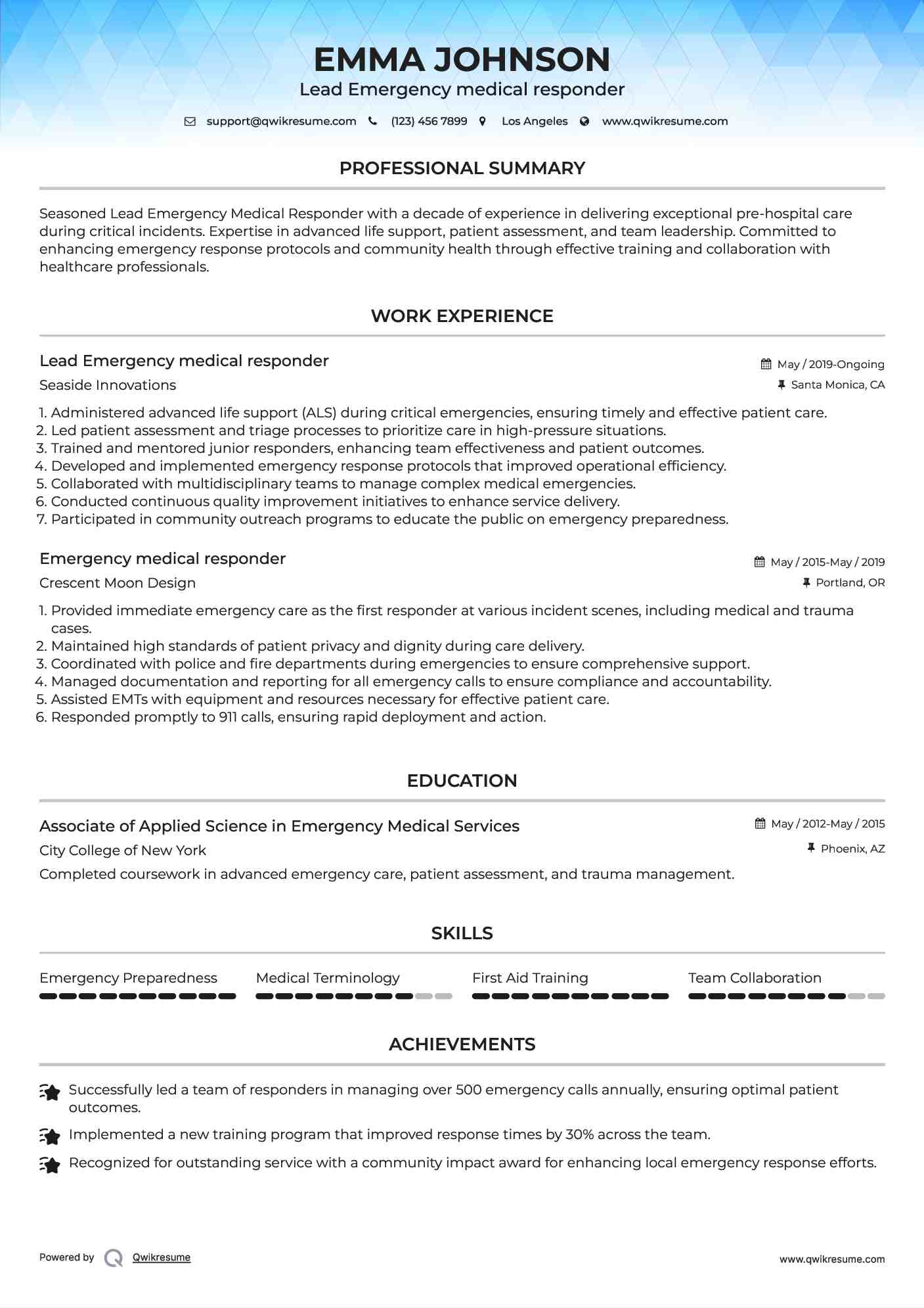 Lead Emergency medical responder Resume Example