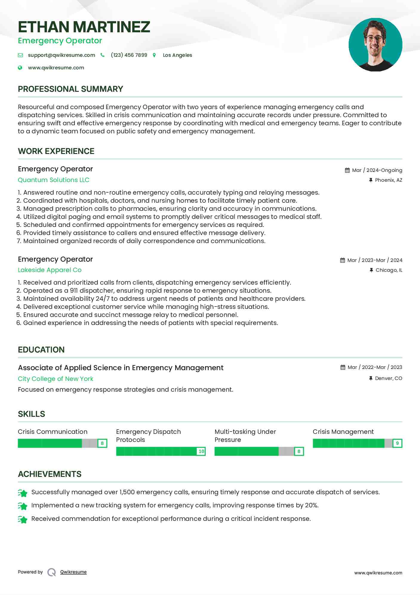 Emergency Operator Resume Format