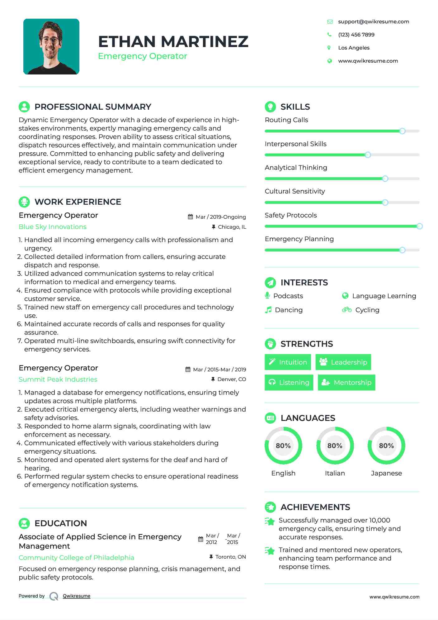 Emergency Operator Resume Example