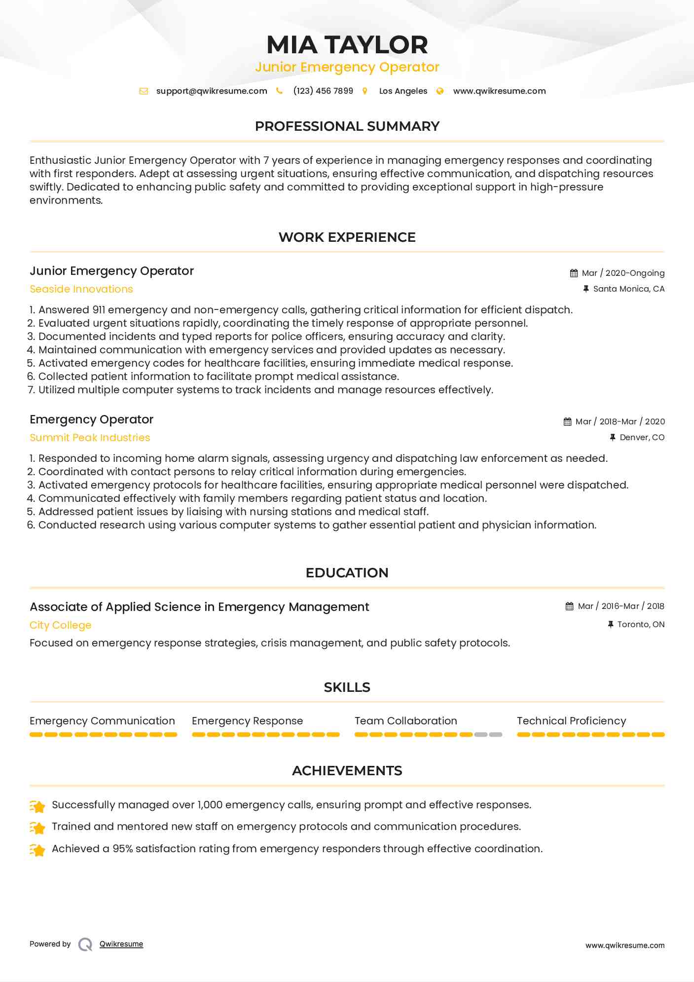 Junior Emergency Operator Resume Template