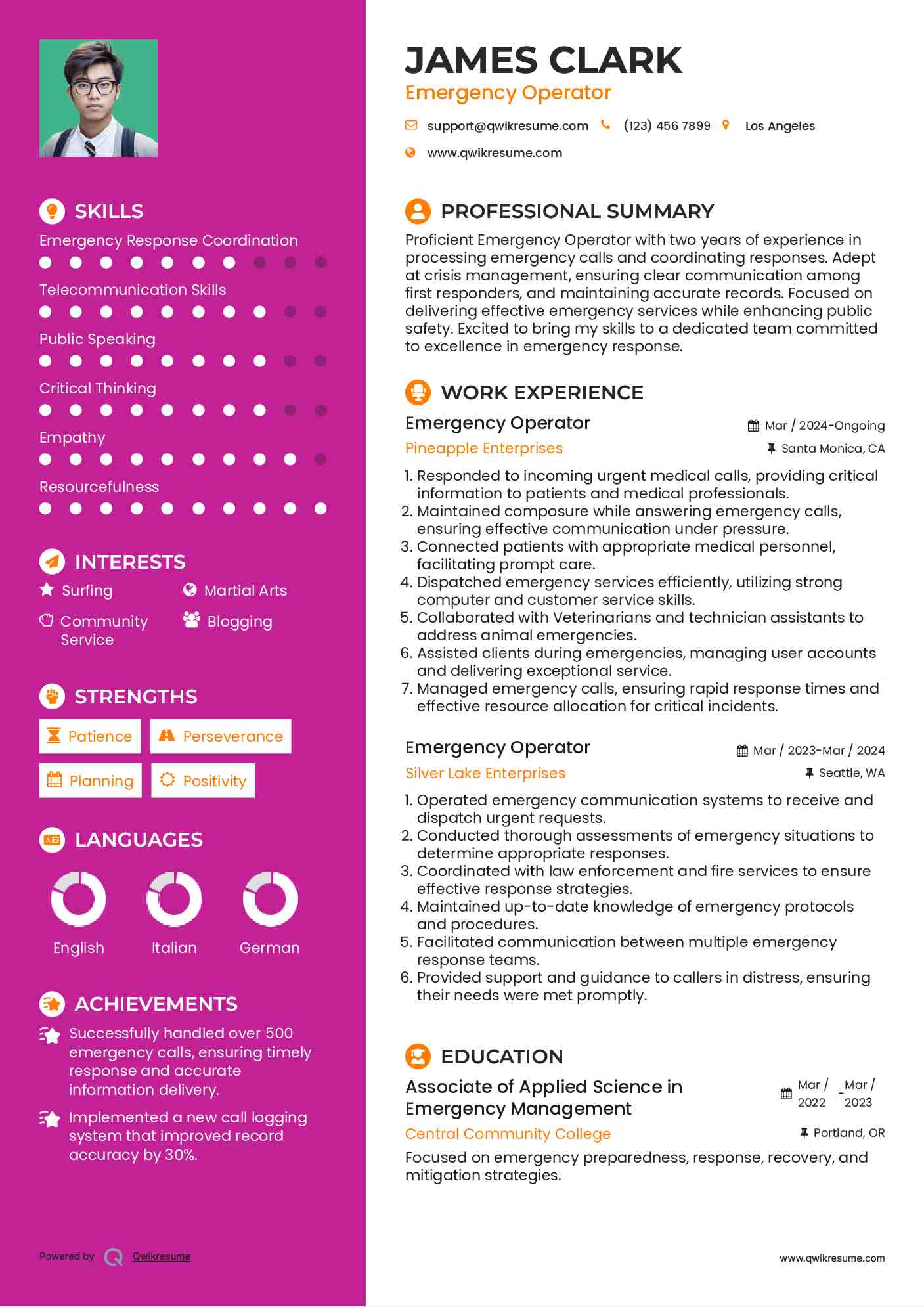 Emergency Operator Resume Template