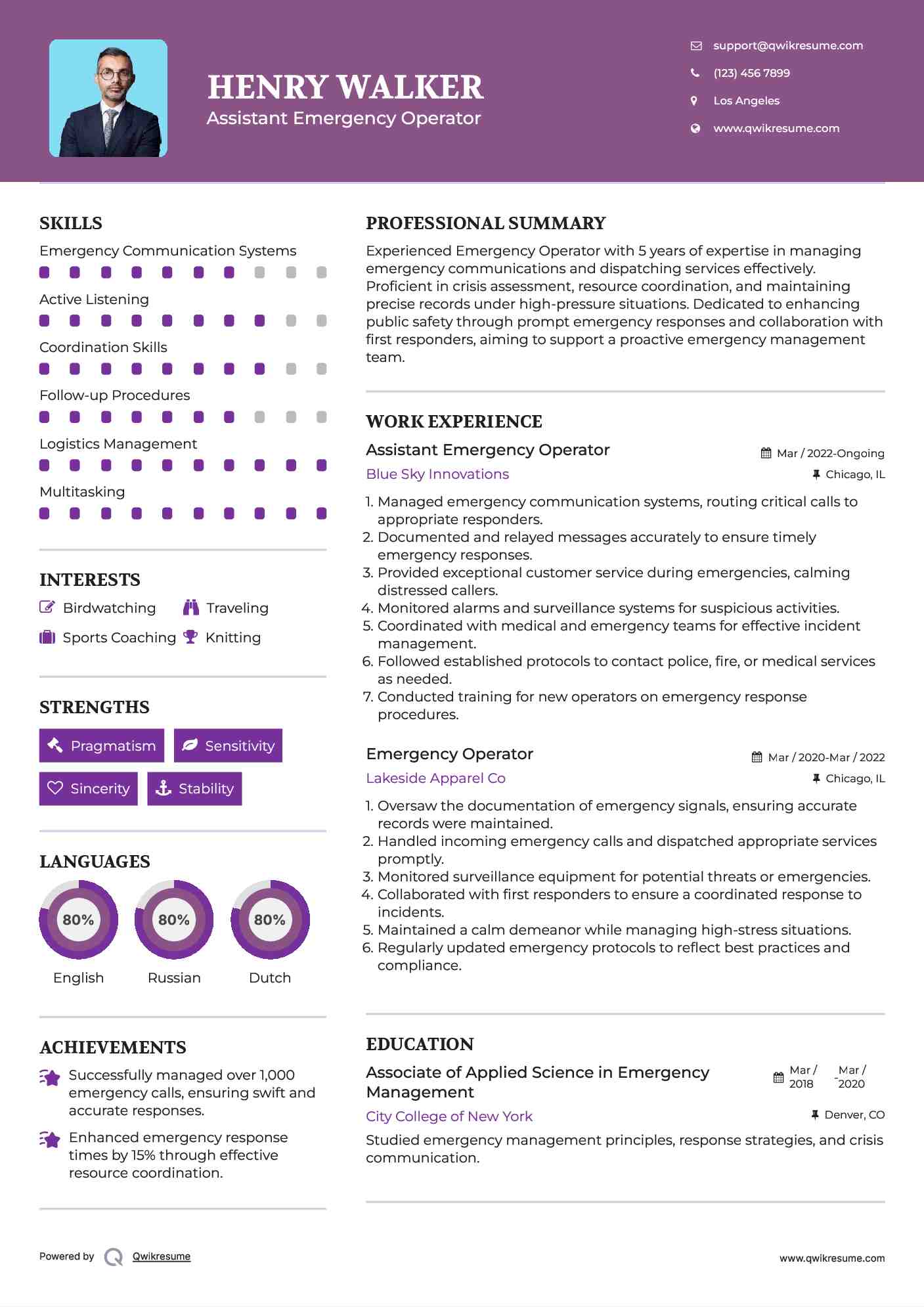 Assistant Emergency Operator Resume Model