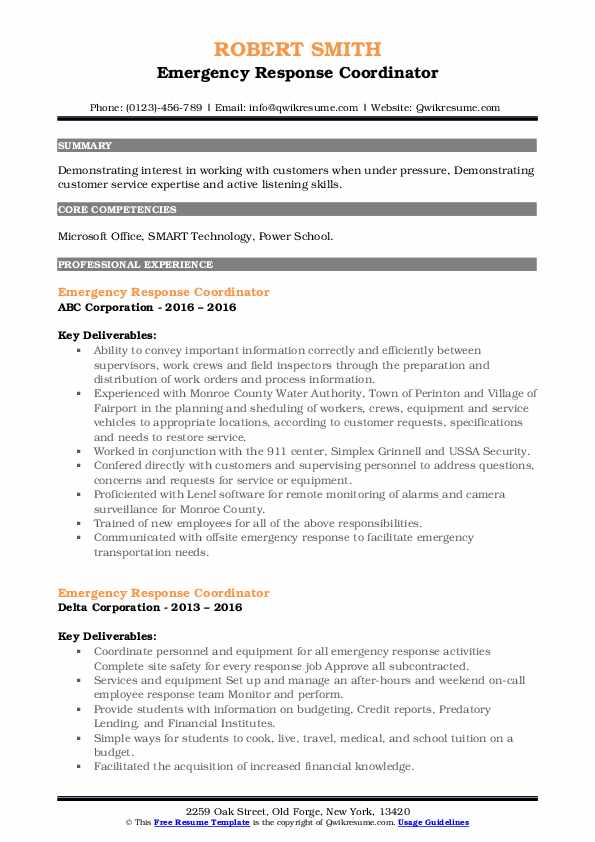 Emergency Response Coordinator Resume Samples QwikResume