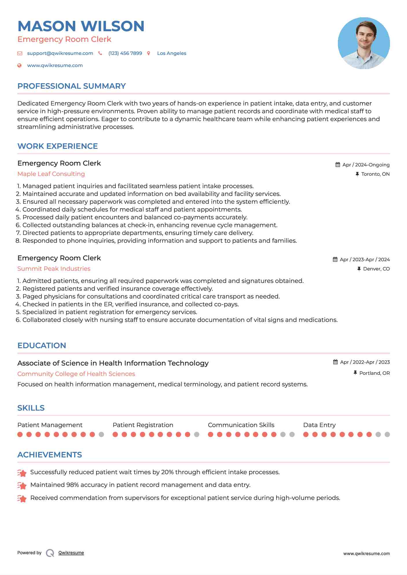 Emergency Room Clerk Resume Sample