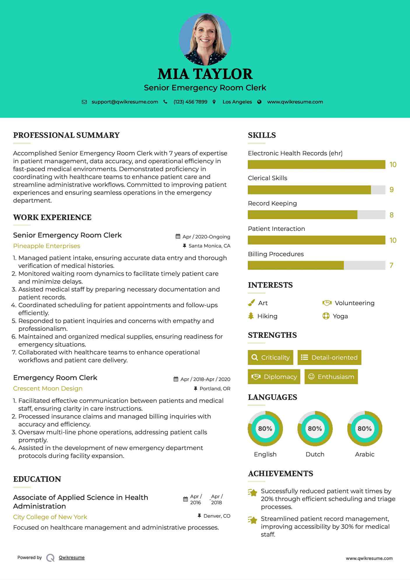 Senior Emergency Room Clerk Resume Sample