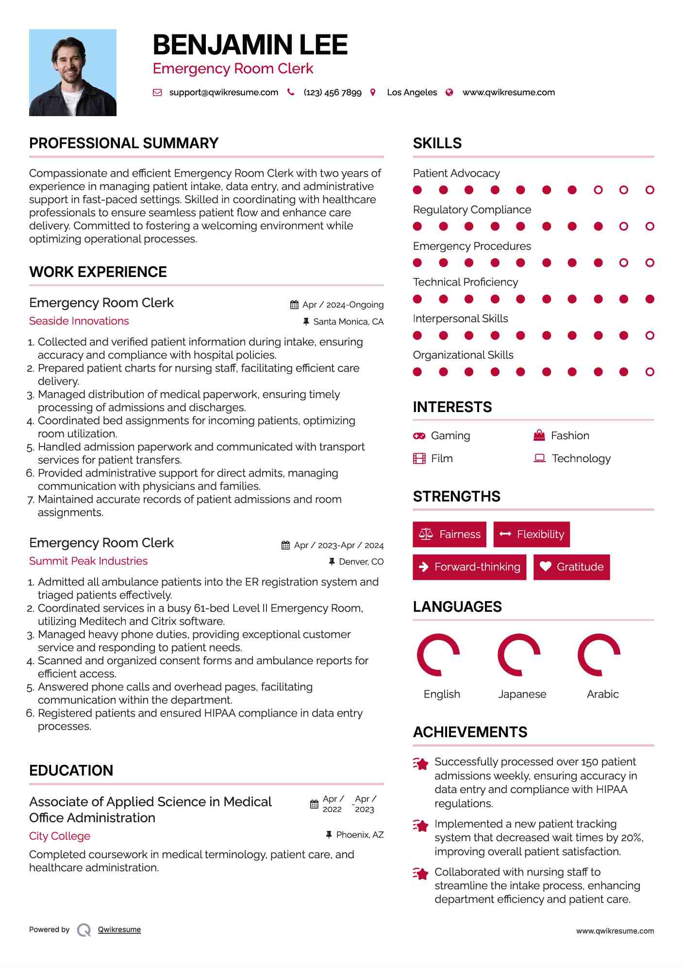 Emergency Room Clerk Resume Template