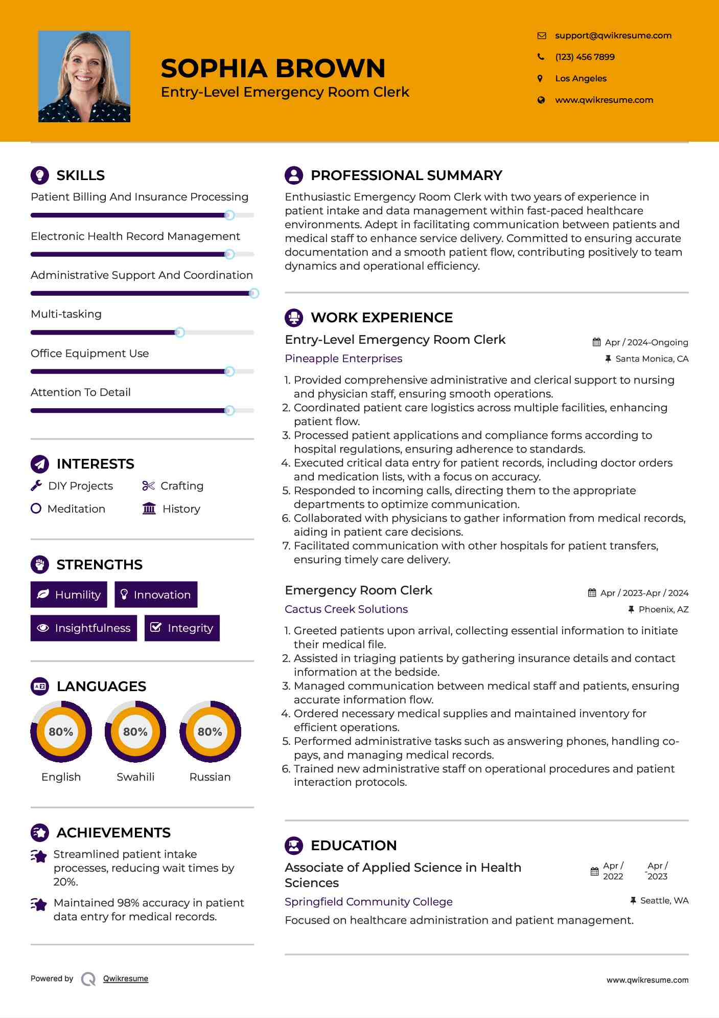 Entry-Level Emergency Room Clerk Resume Sample