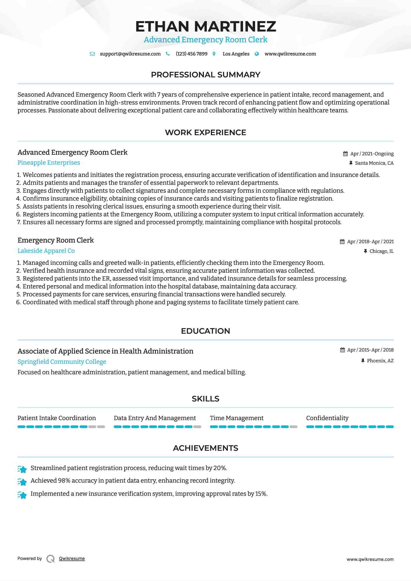 Advanced Emergency Room Clerk Resume Template