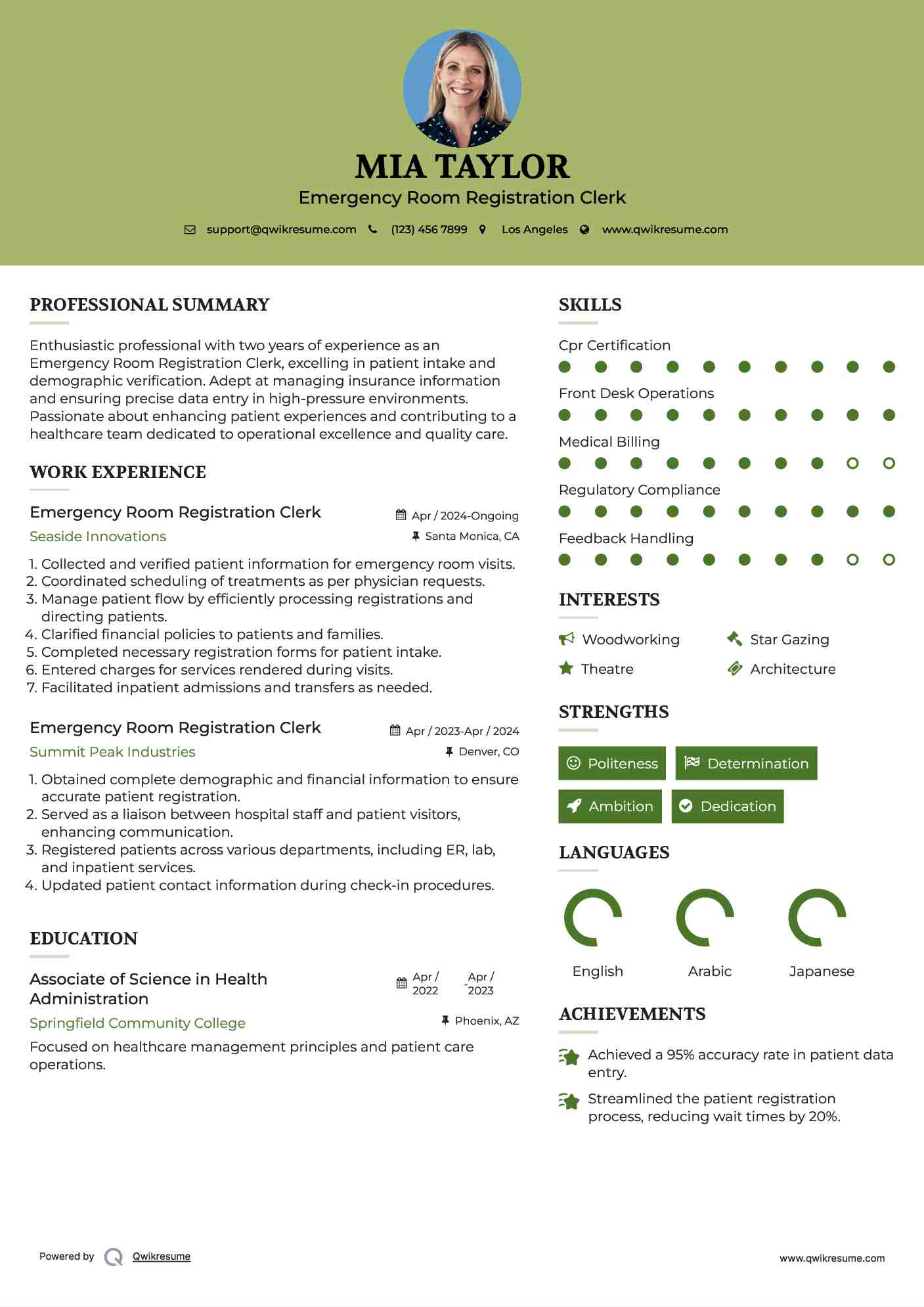 Emergency Room Registration Clerk Resume Sample