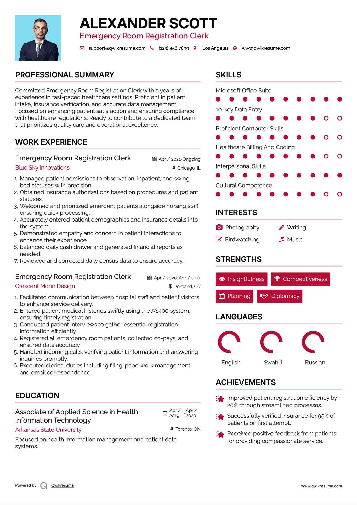 Emergency Room Registration Clerk Resume Template