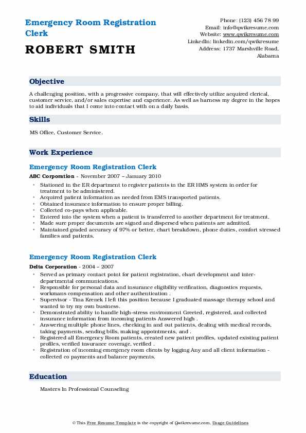 Emergency Room Registration Clerk Resume Samples QwikResume