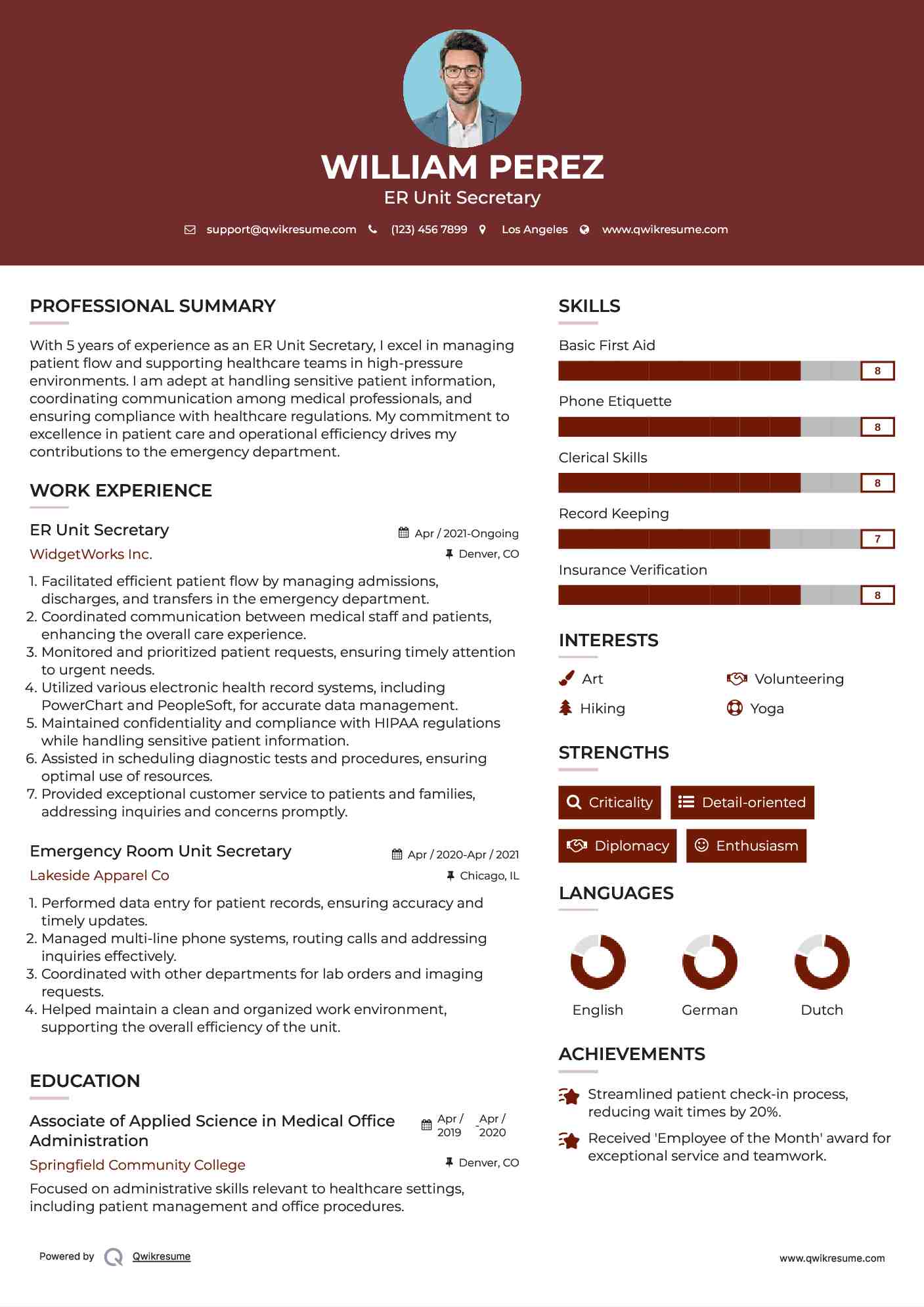 ER Unit Secretary Resume Format