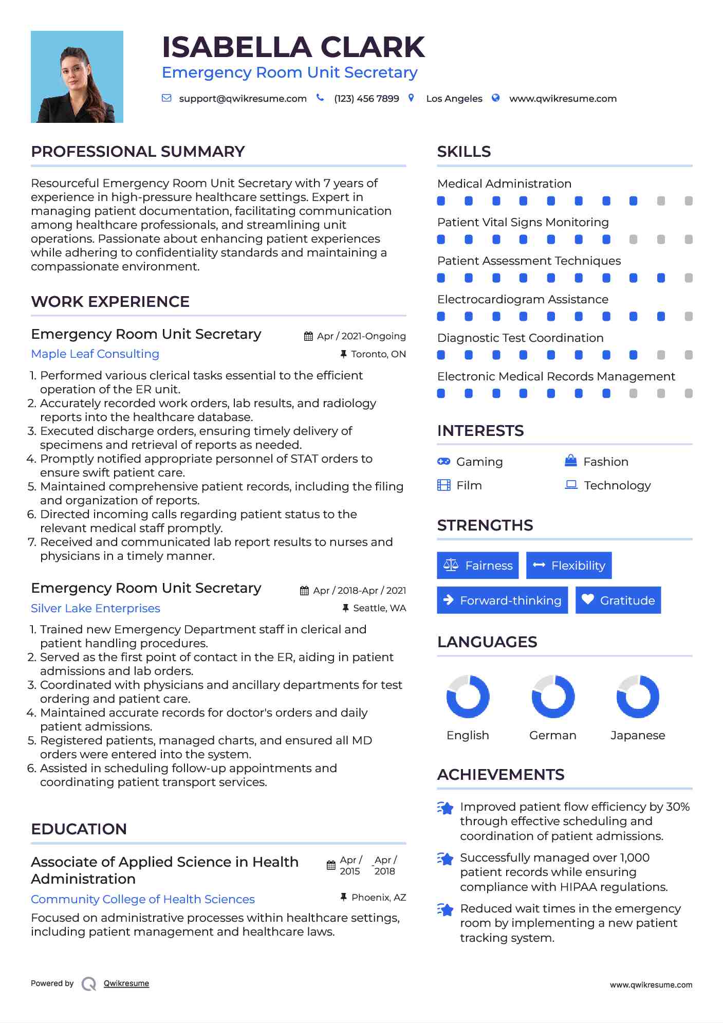 Emergency Room Unit Secretary Resume Example