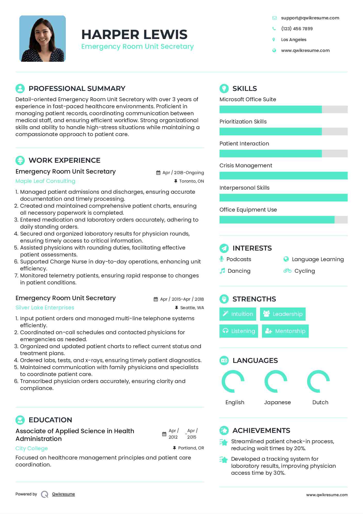 Emergency Room Unit Secretary Resume Model
