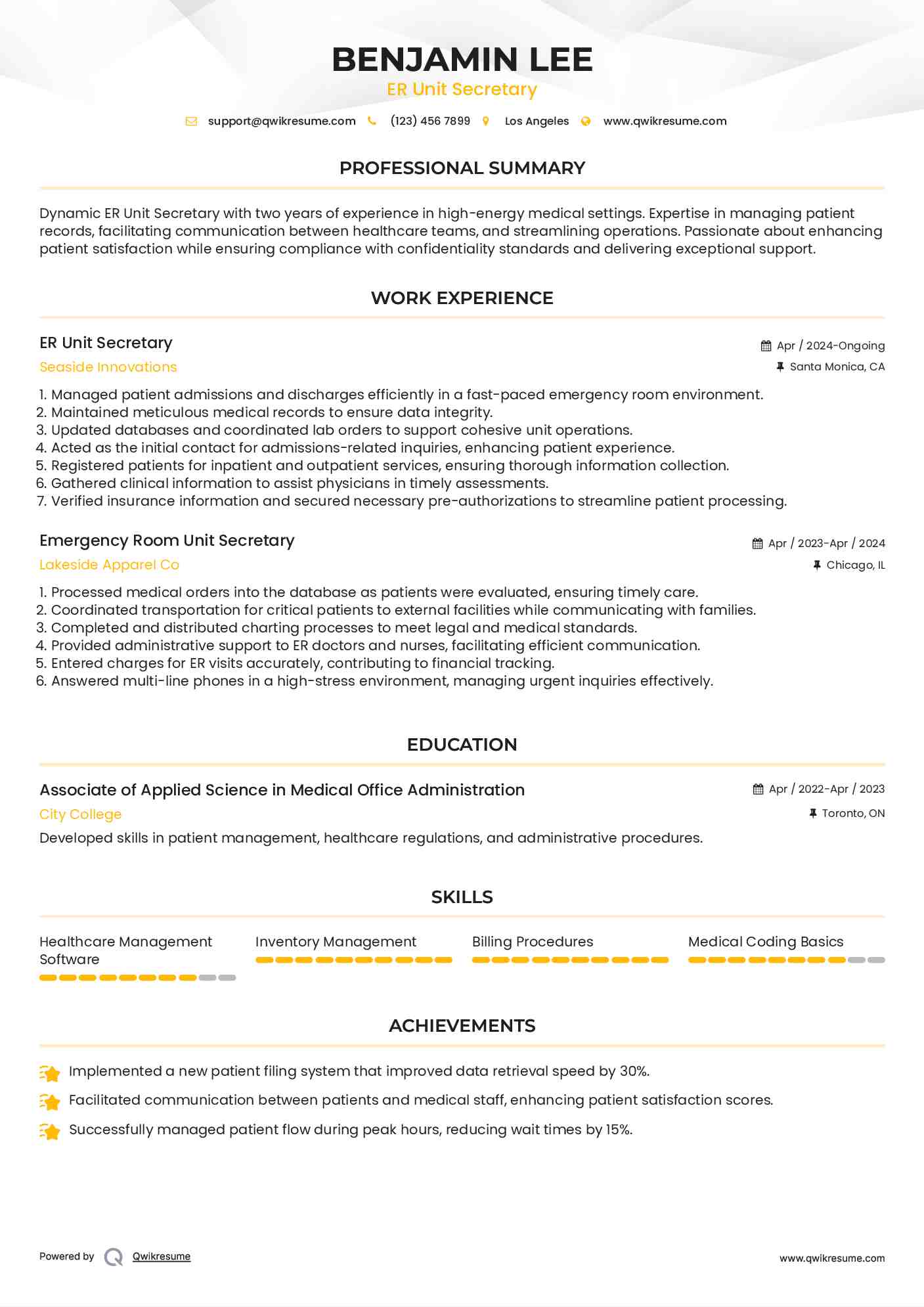 ER Unit Secretary Resume Template