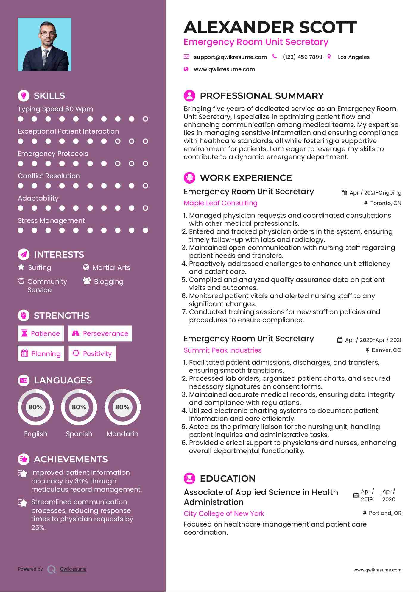 Emergency Room Unit Secretary Resume Template