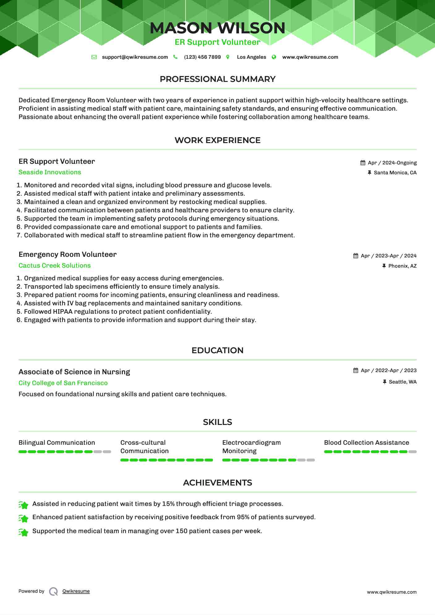 ER Support Volunteer Resume Sample