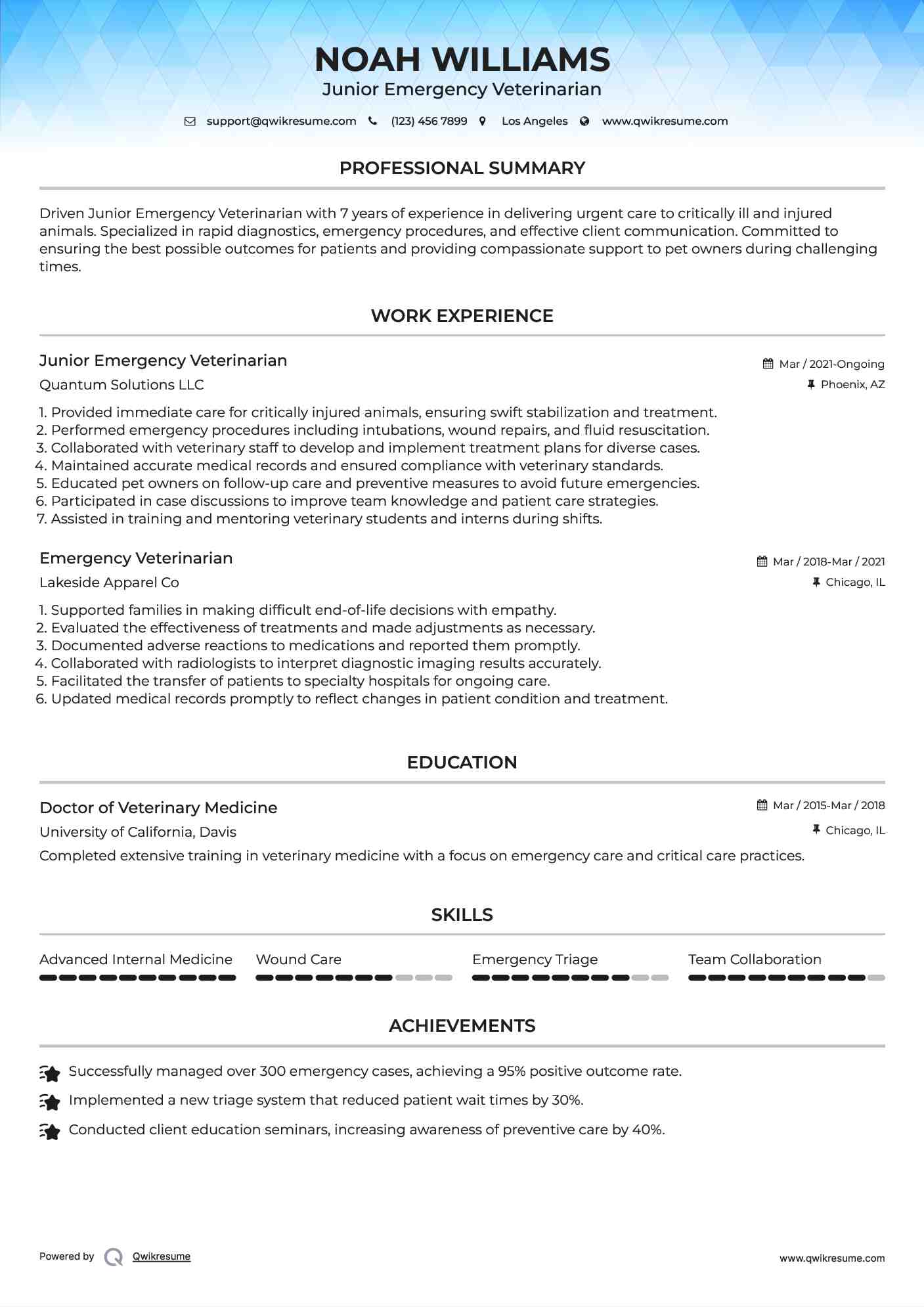 Junior Emergency Veterinarian Resume Template