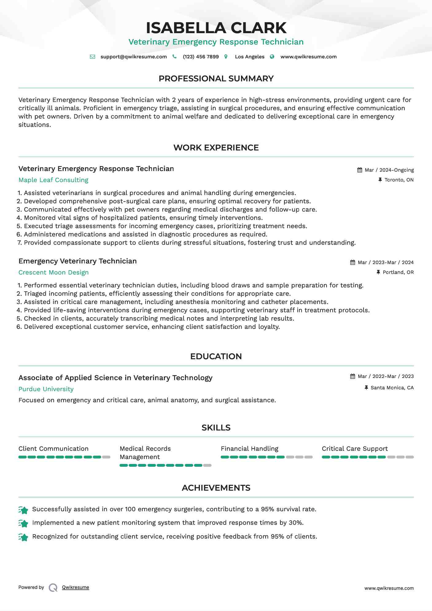 Veterinary Emergency Response Technician Resume Example