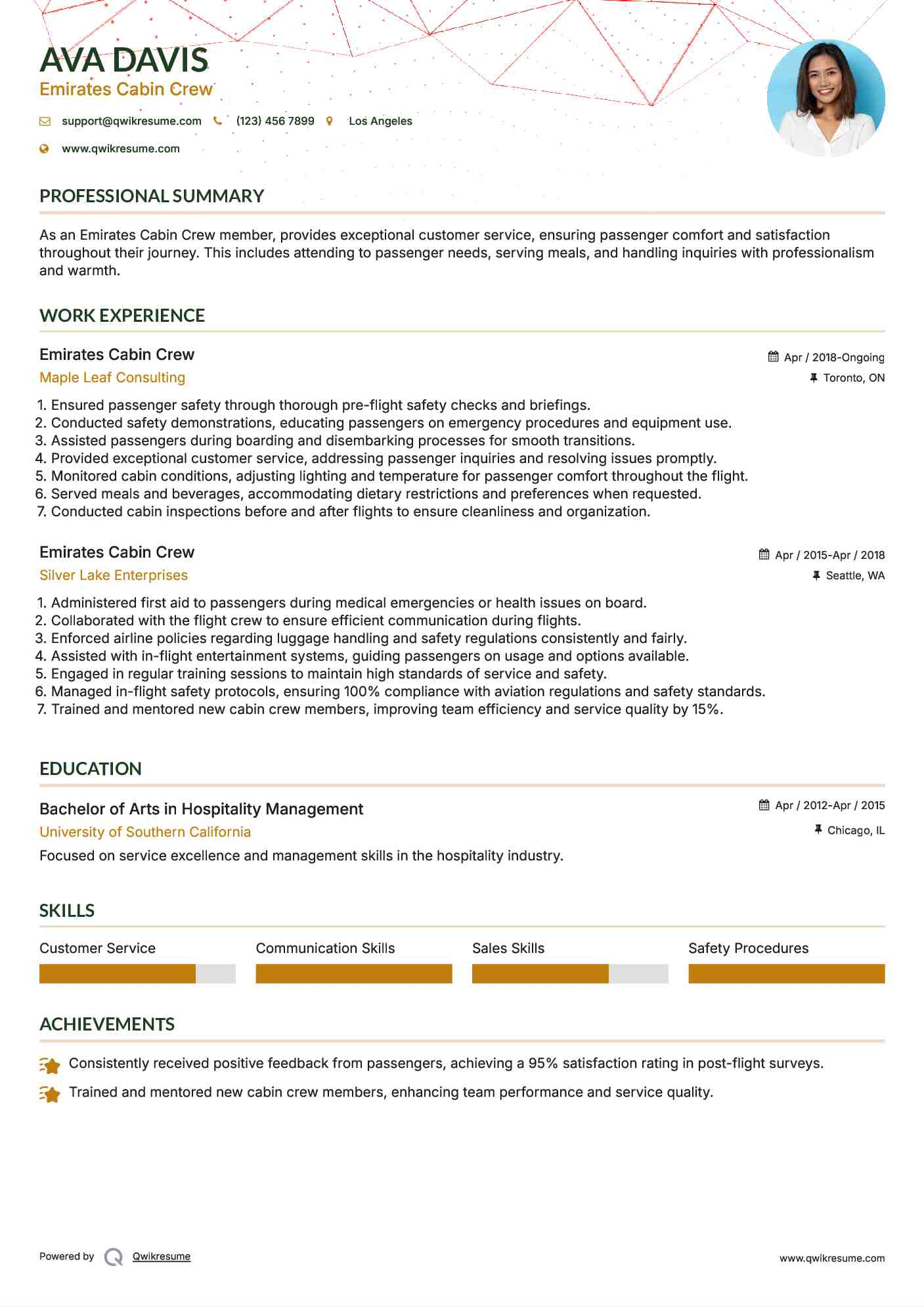 Emirates Cabin Crew Resume Example