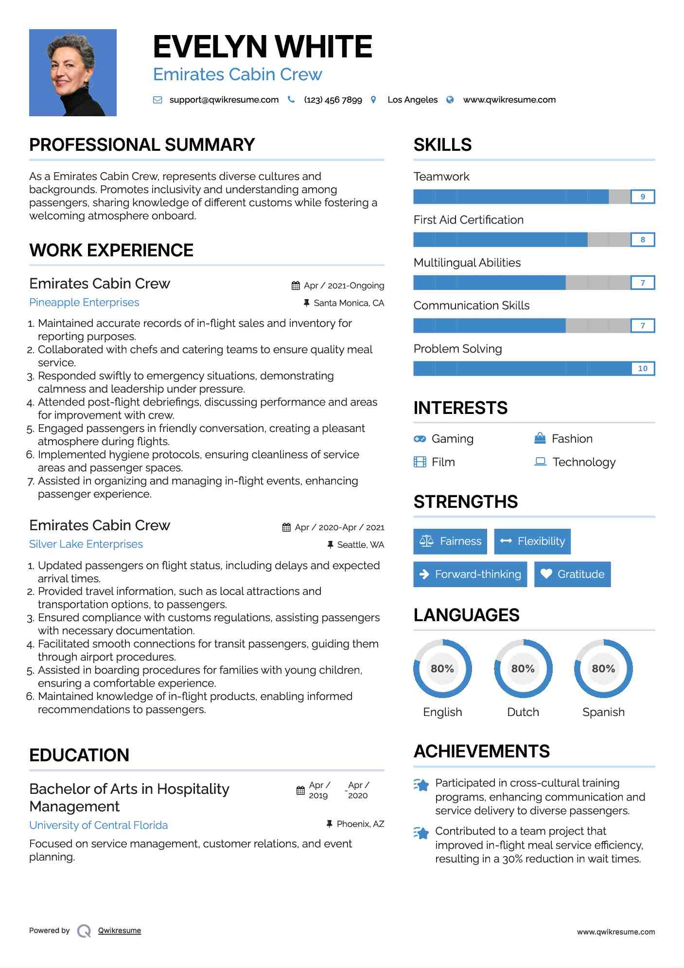 Emirates Cabin Crew Resume Example