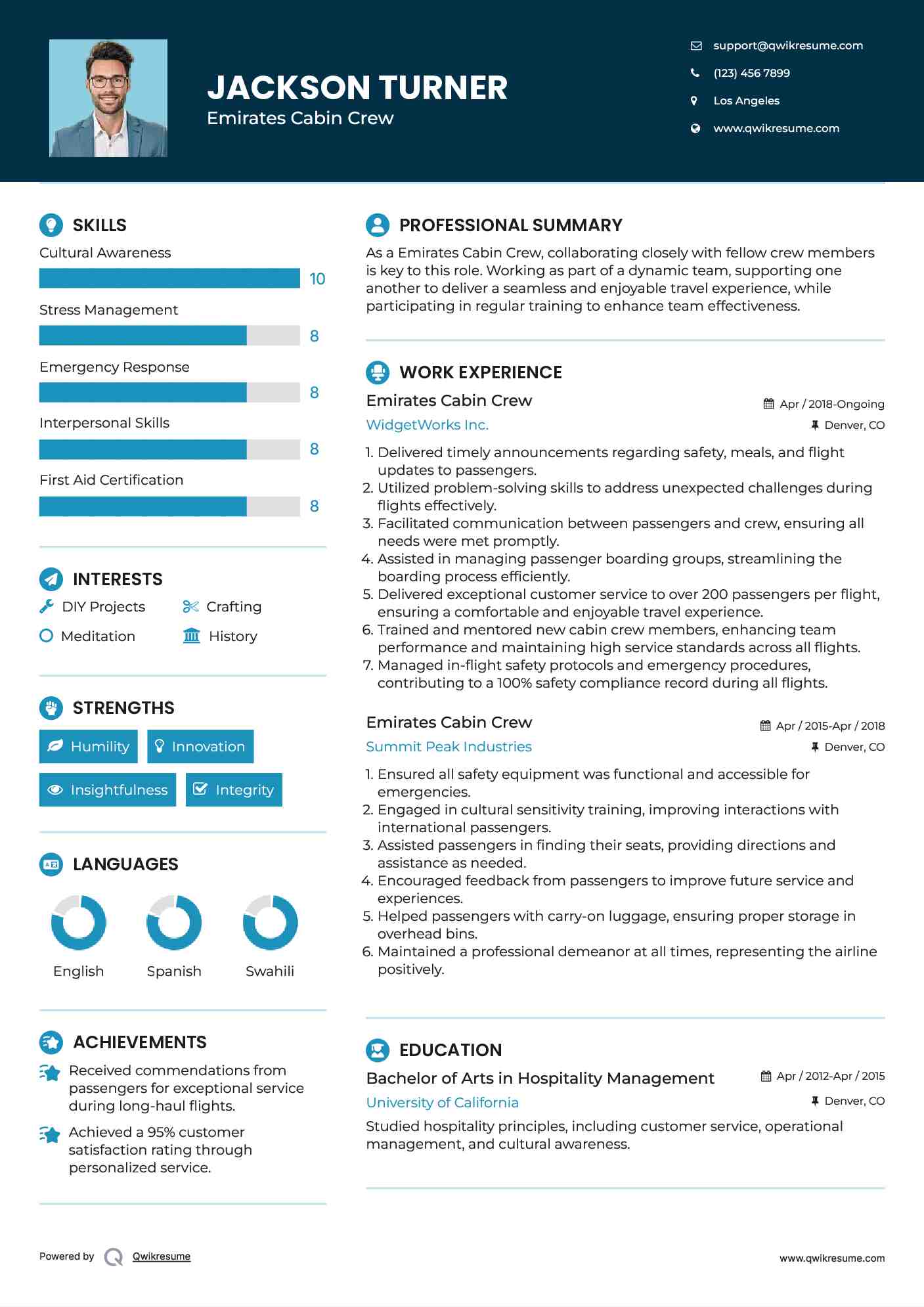 Emirates Cabin Crew Resume Sample