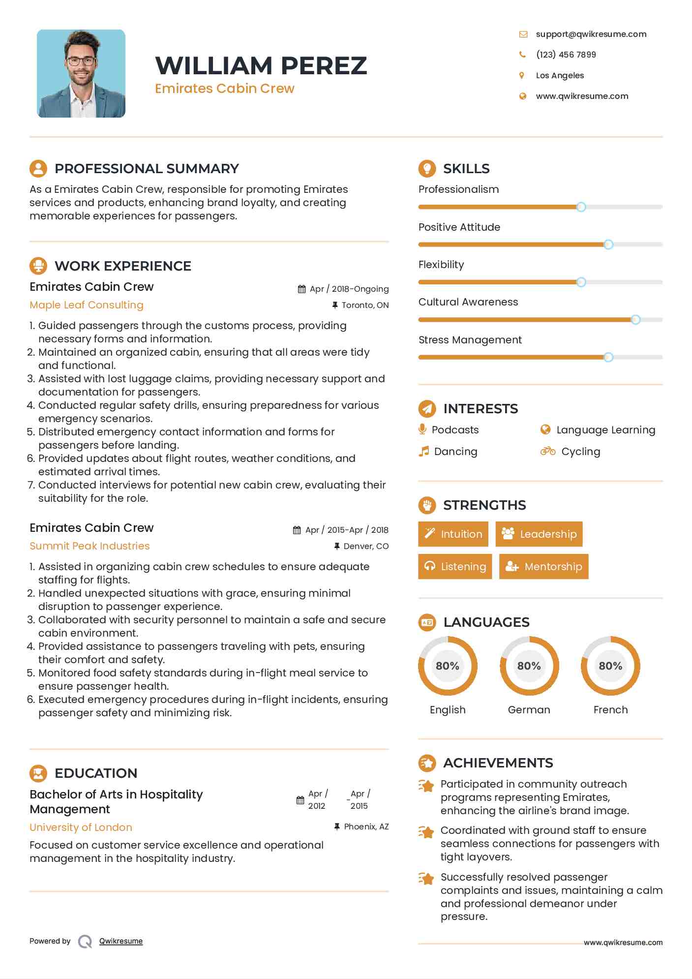 Emirates Cabin Crew Resume Model