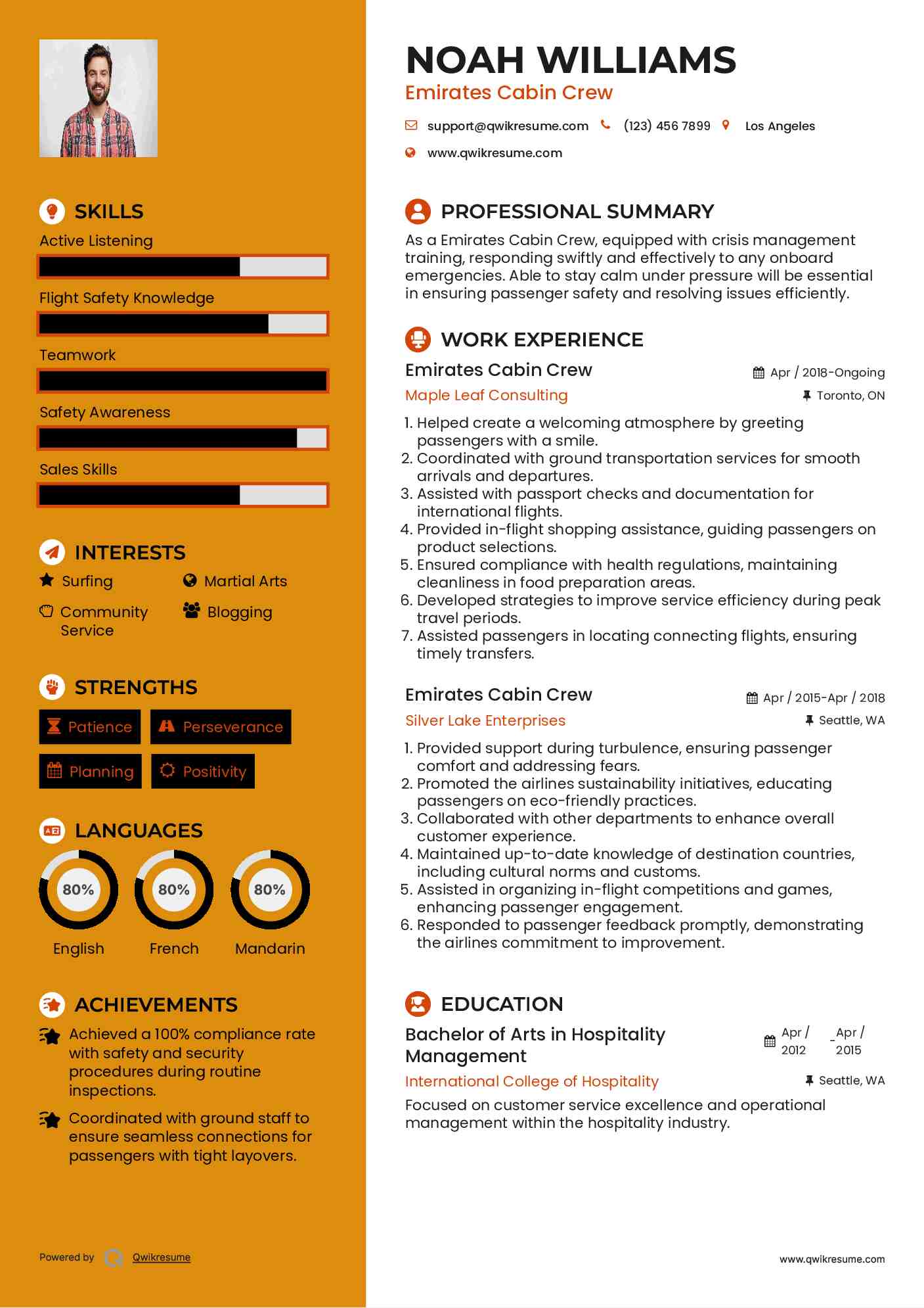 Emirates Cabin Crew Resume Example