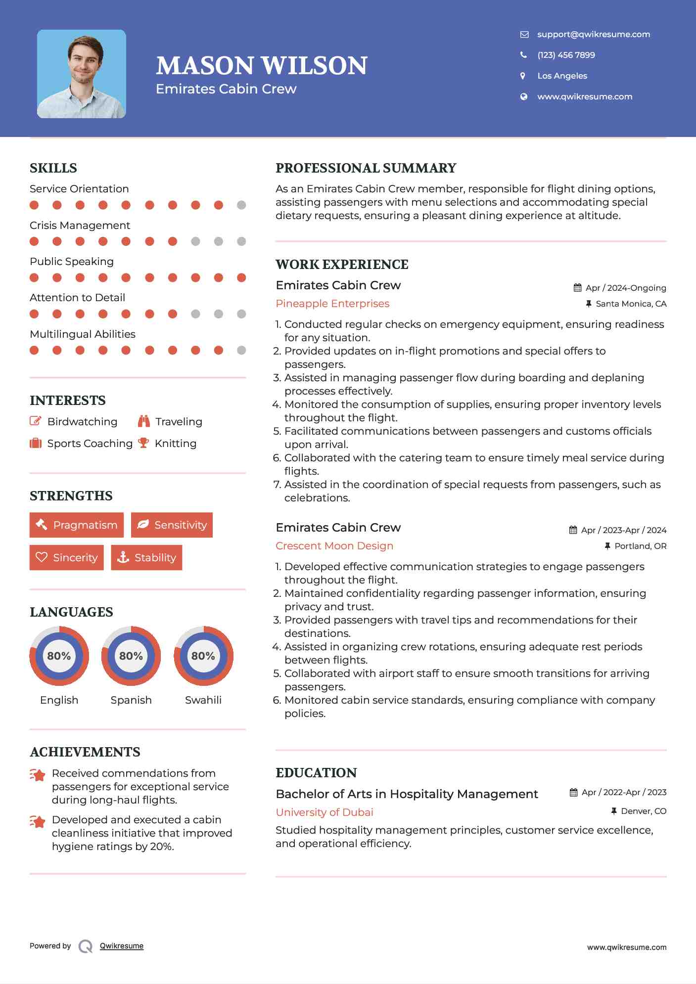 Emirates Cabin Crew Resume Example