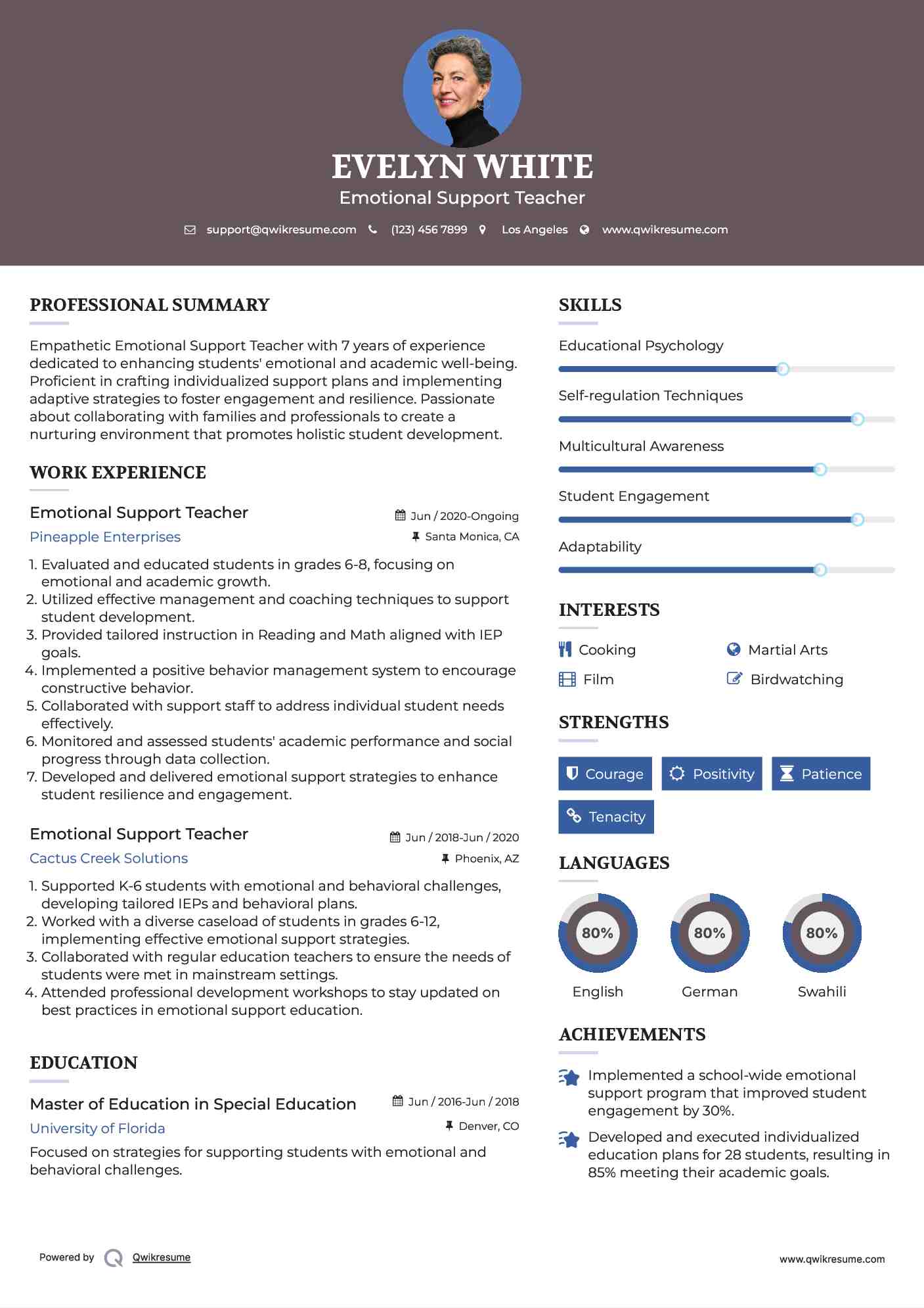 Emotional Support Teacher Resume Sample