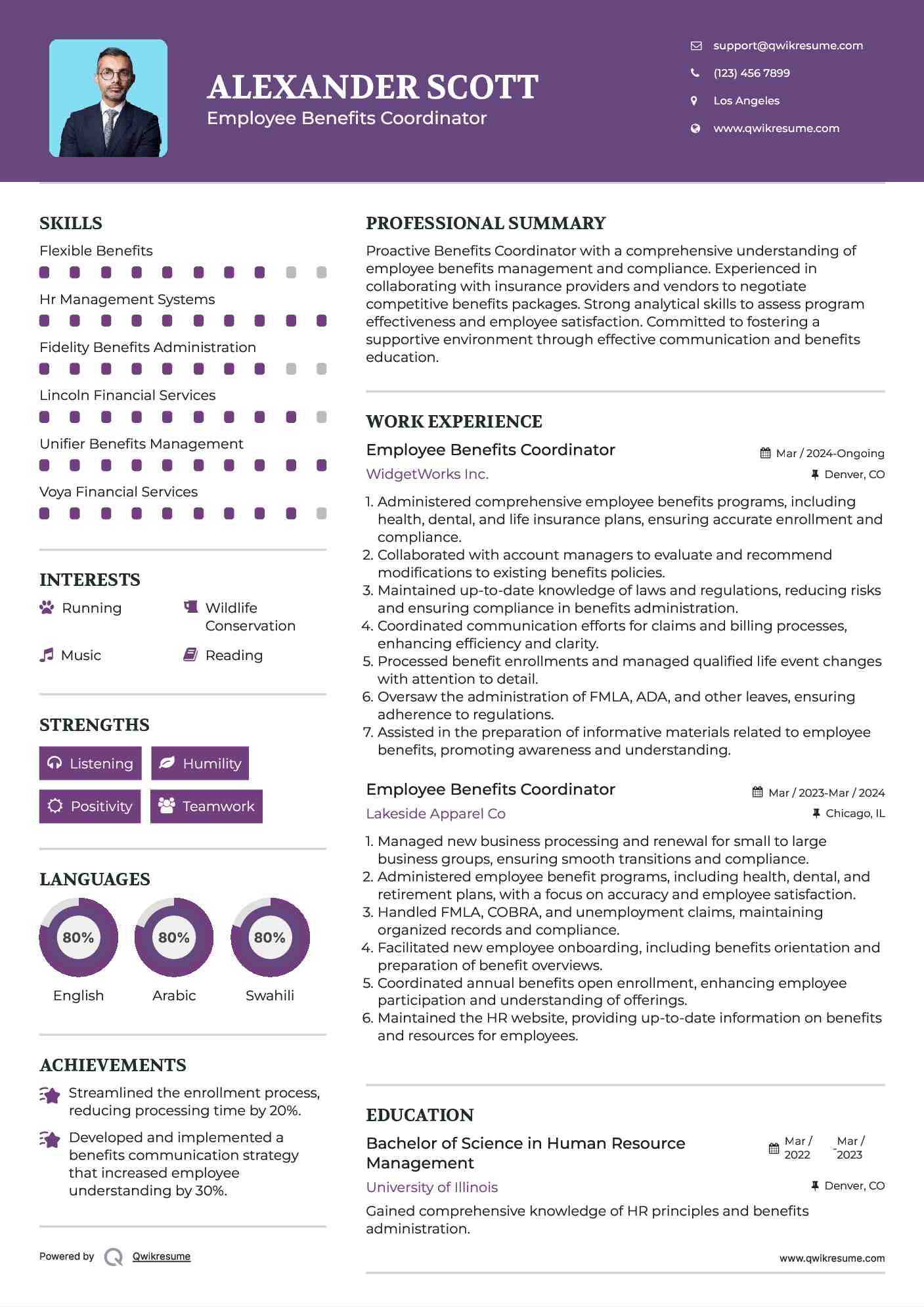 Employee Benefits Coordinator Resume Example