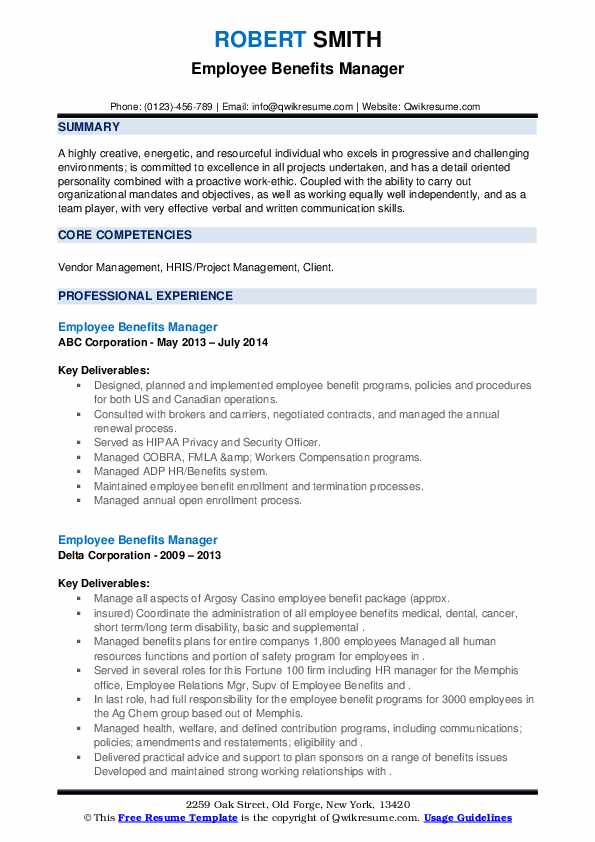 Employee Benefits Manager Resume Samples QwikResume