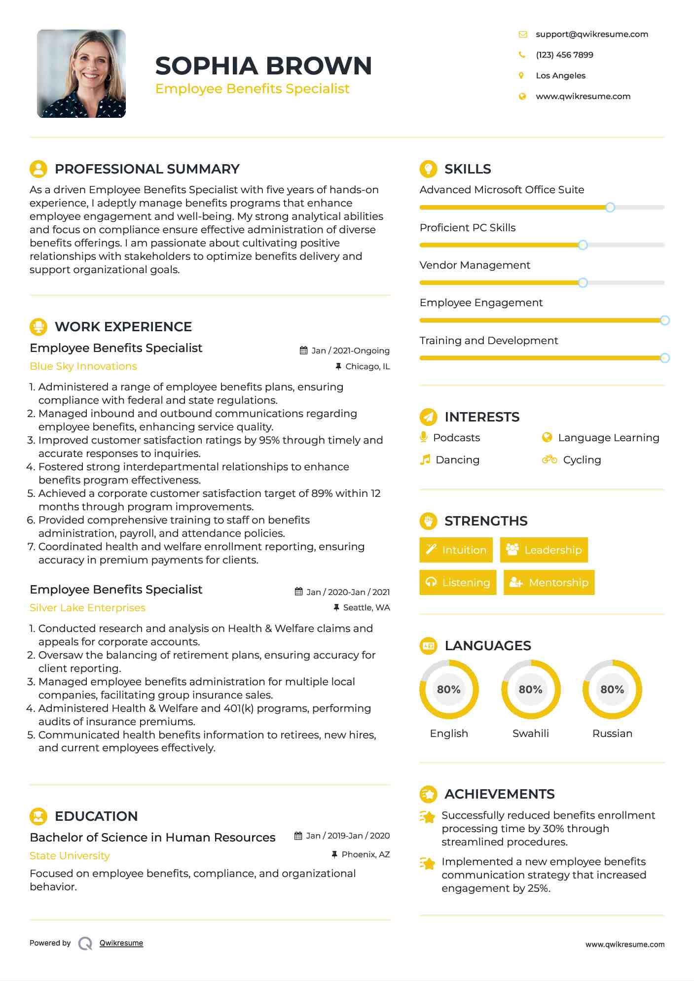 Employee Benefits Specialist Resume Format