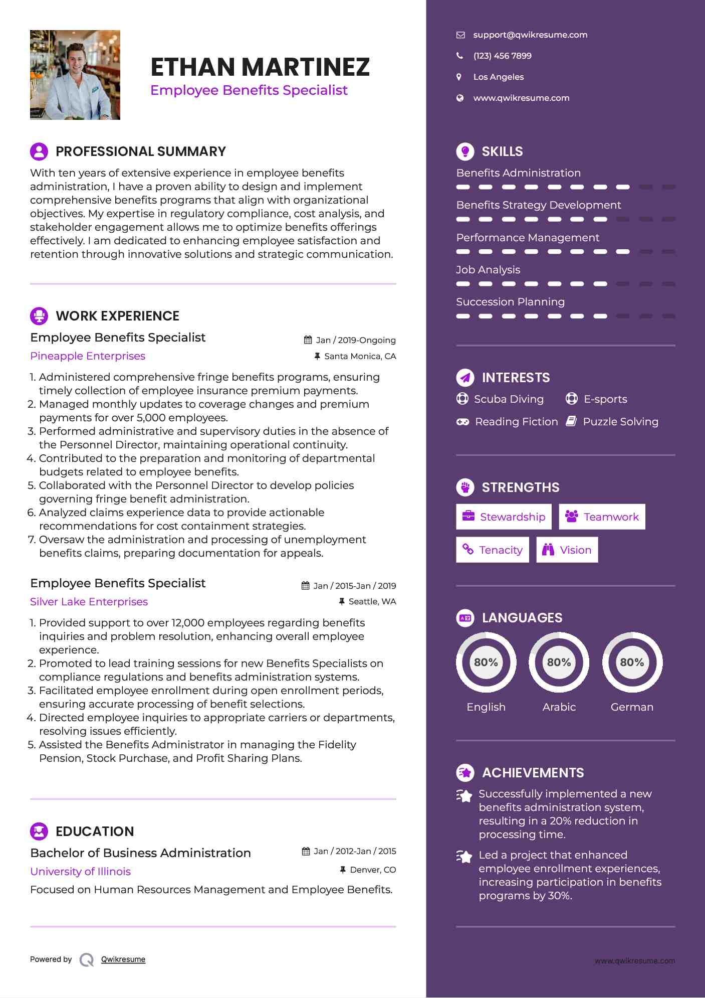 Employee Benefits Specialist Resume Example