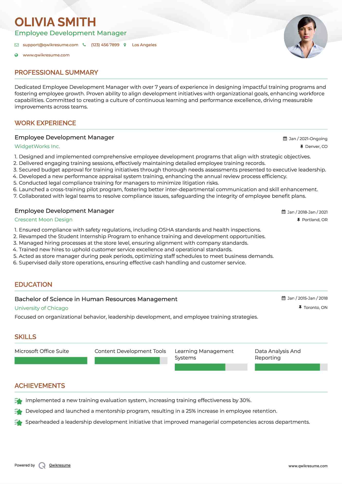 Employee Development Manager Resume Example