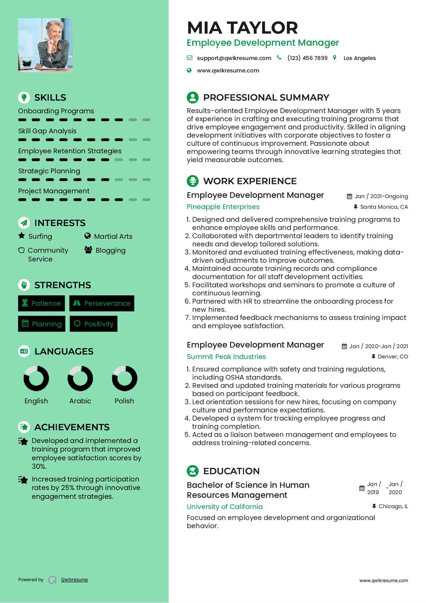 Employee Development Manager Resume Example