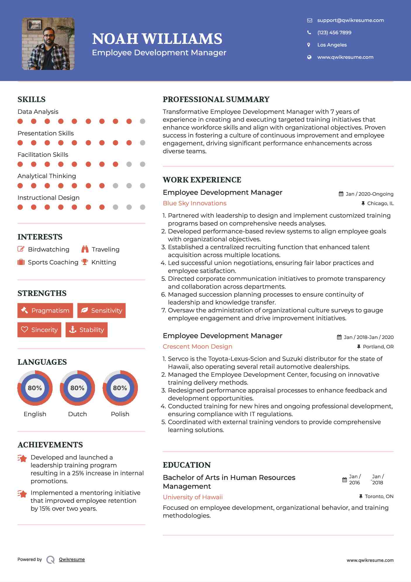 Employee Development Manager Resume Example