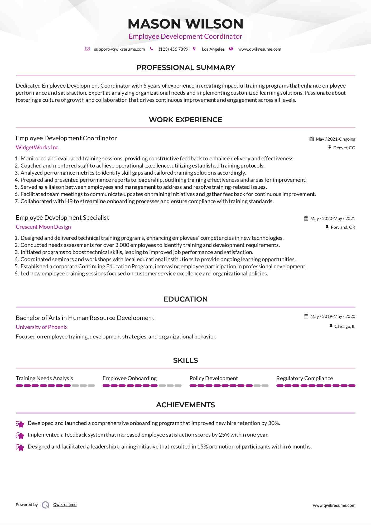 Employee Development Coordinator Resume Example