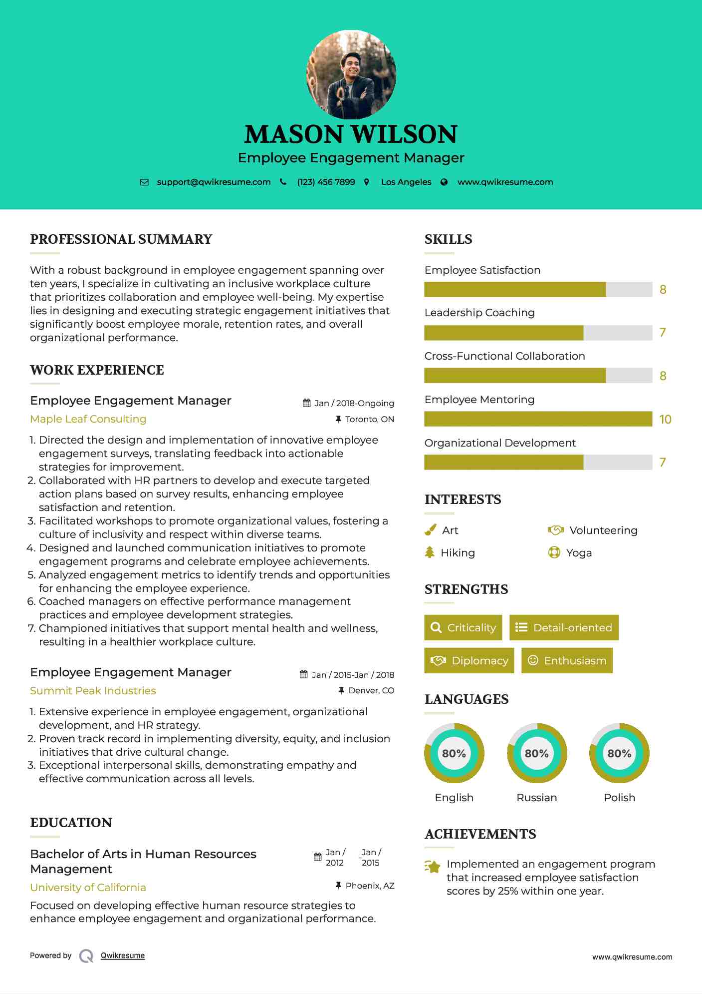 Employee Engagement Manager Resume Example