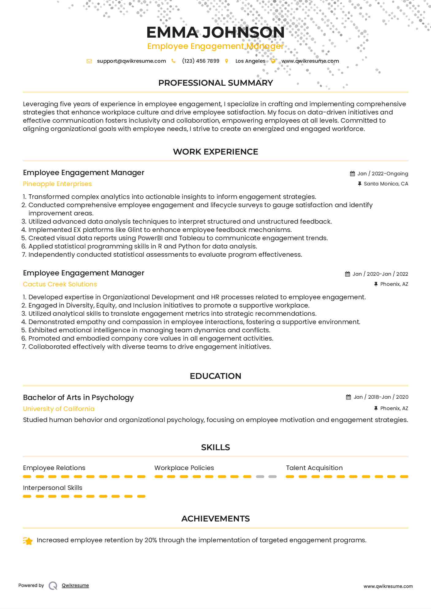 Employee Engagement Manager Resume Example