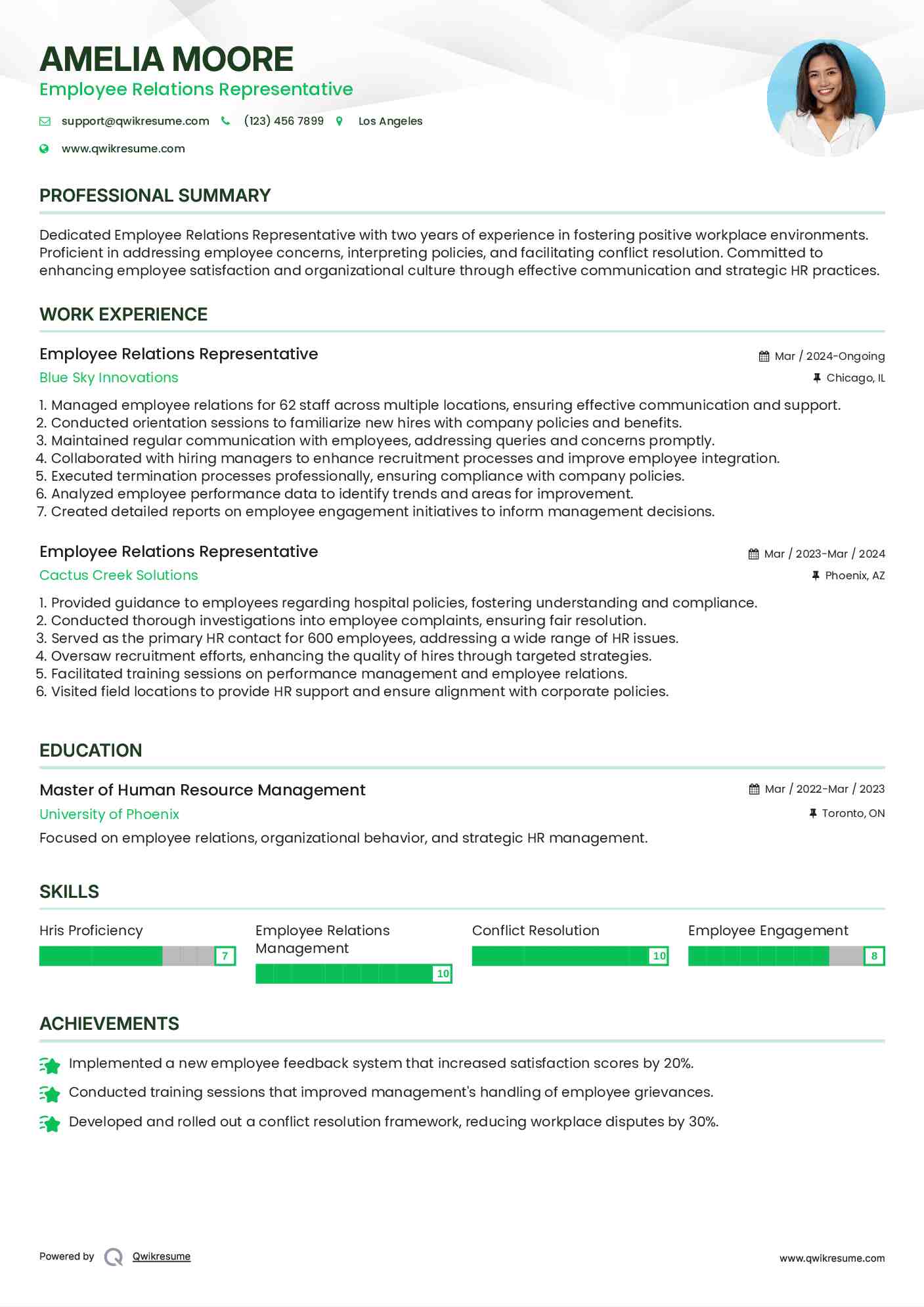 Employee Relations Representative Resume Model