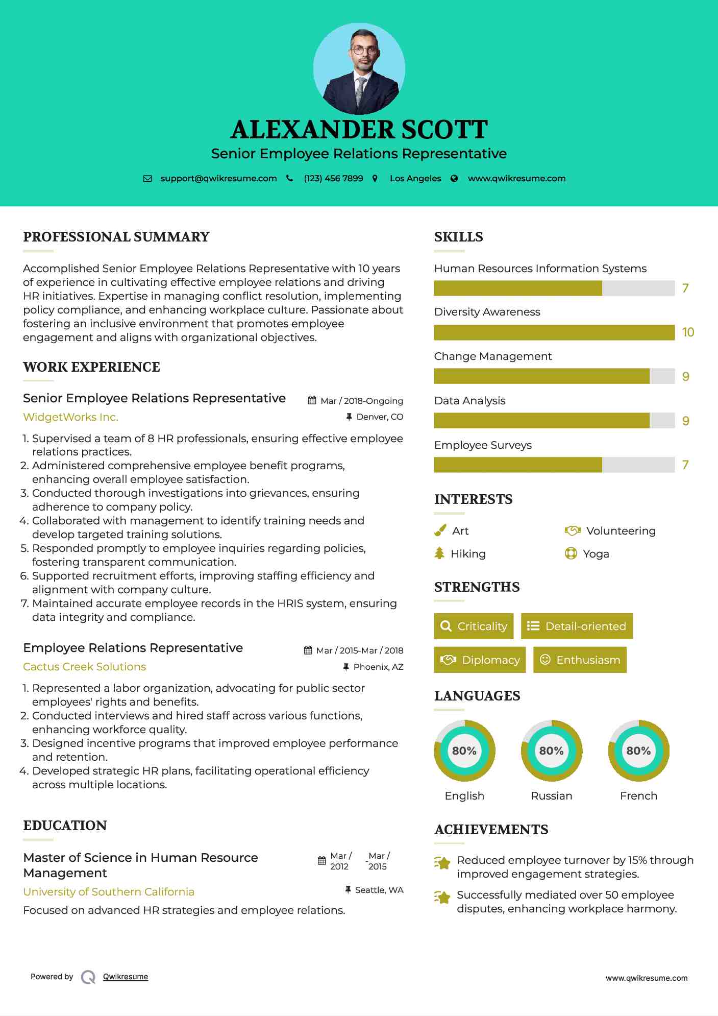 Senior Employee Relations Representative Resume Sample