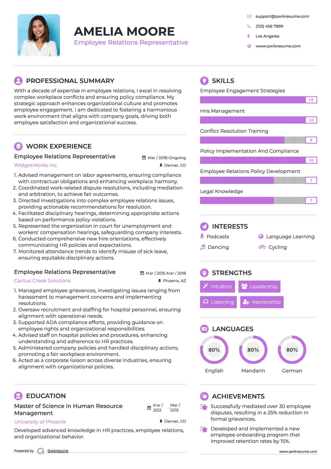 Employee Relations Representative Resume Sample