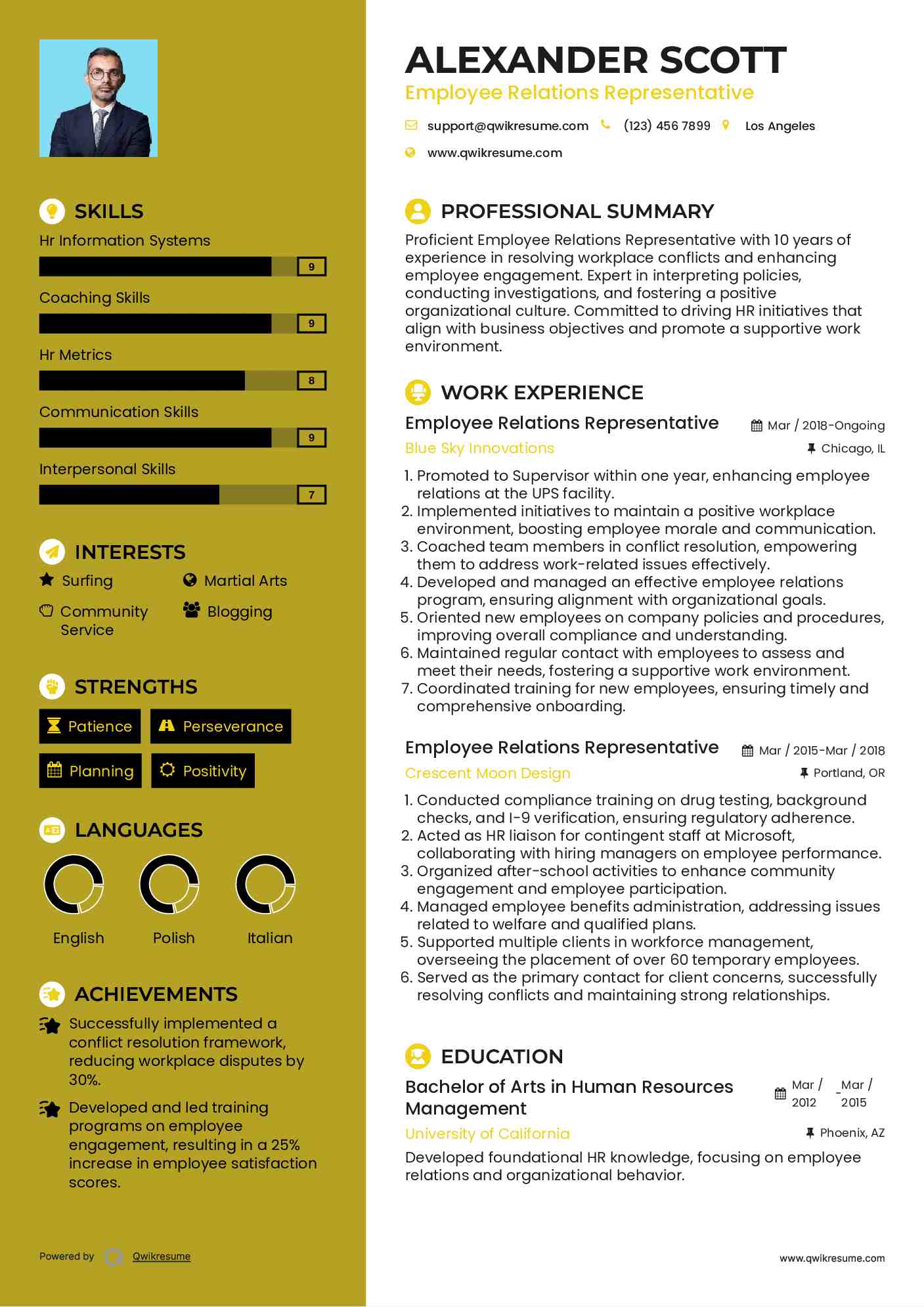 Employee Relations Representative Resume Example
