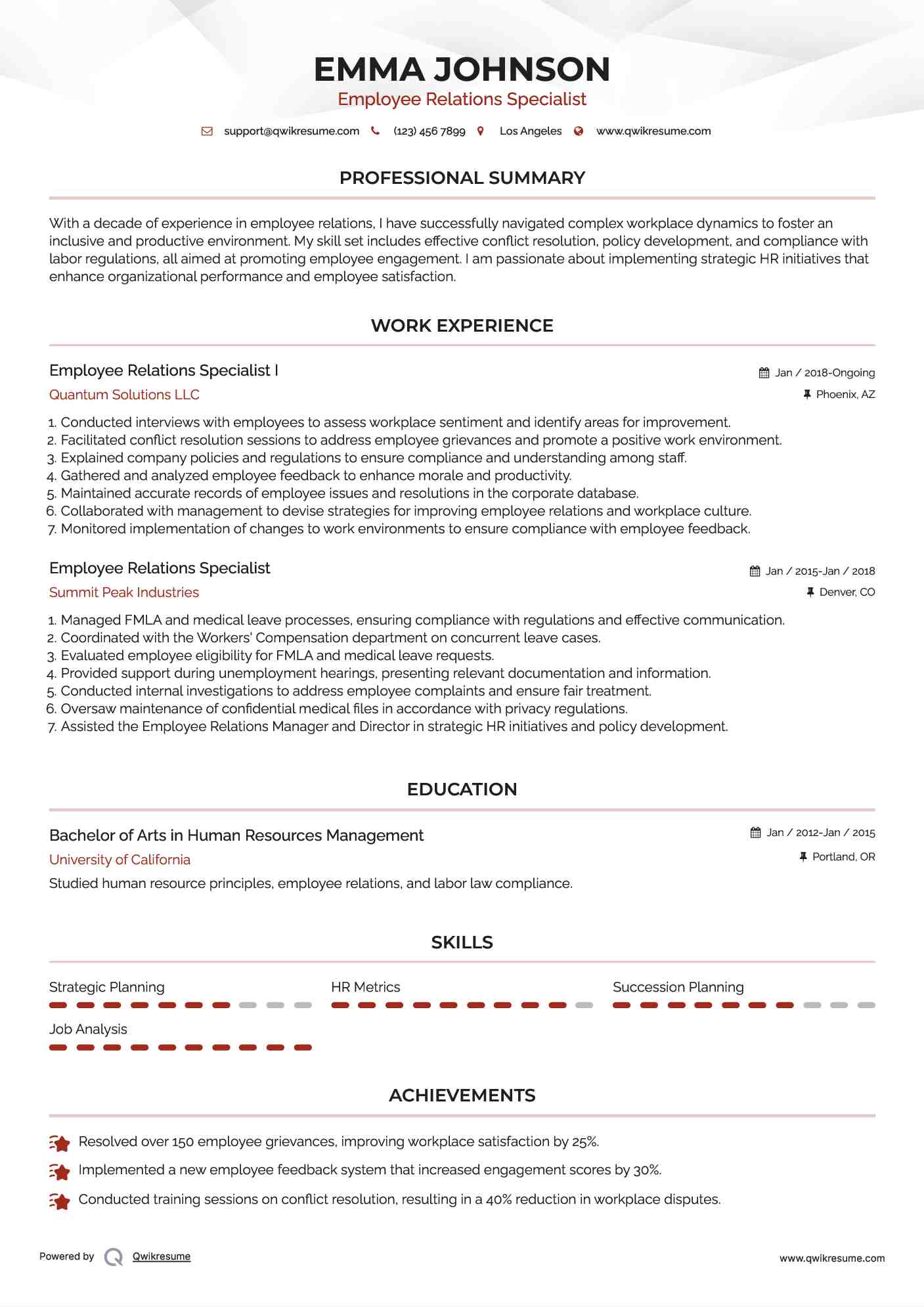 Employee Relations Specialist I Resume Sample