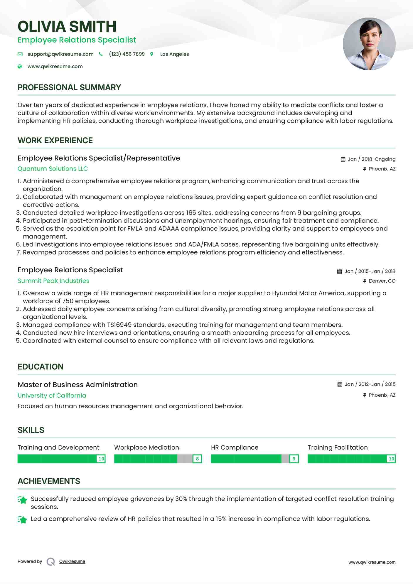 Employee Relations Specialist/Representative Resume Template