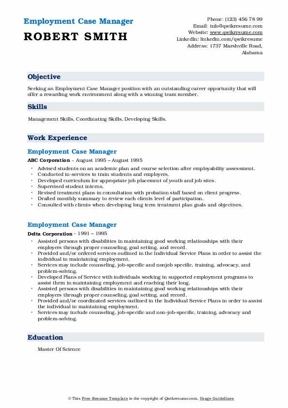 Employment Case Manager Resume Samples QwikResume